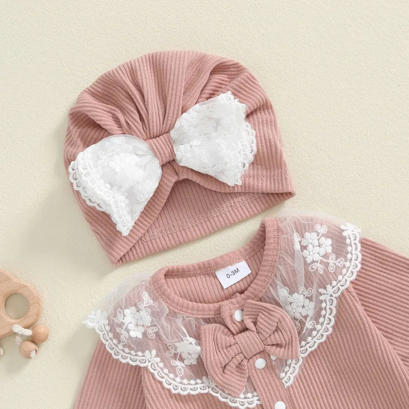 RUEWEY Adorable Newborn Baby Girl Lace Romper with Bow and Turban Hat for Spring and Autumn