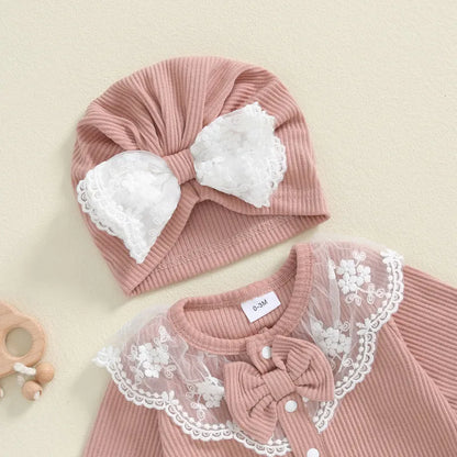 RUEWEY Adorable Newborn Baby Girl Lace Romper with Bow and Turban Hat for Spring and Autumn