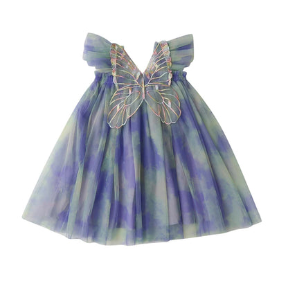 Toddler Girls' Summer Princess Dress with Rainbow Wings and Mesh Sleeves for Birthday Celebrations