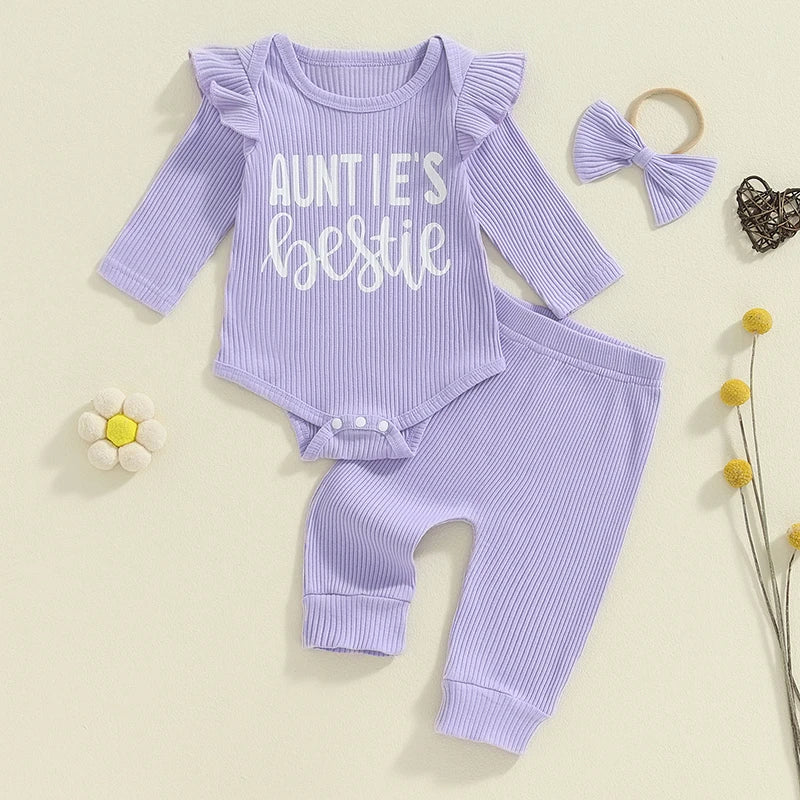 Adorable Baby Girls Ribbed 3-Piece Set with Letter Print Romper, Long Trousers, and Matching Hair Band