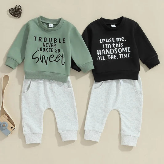 RUEWEY Baby Boys Long Sleeve Letter Print Sweatshirt and Elastic Waist Sweatpants Set for Spring and Autumn