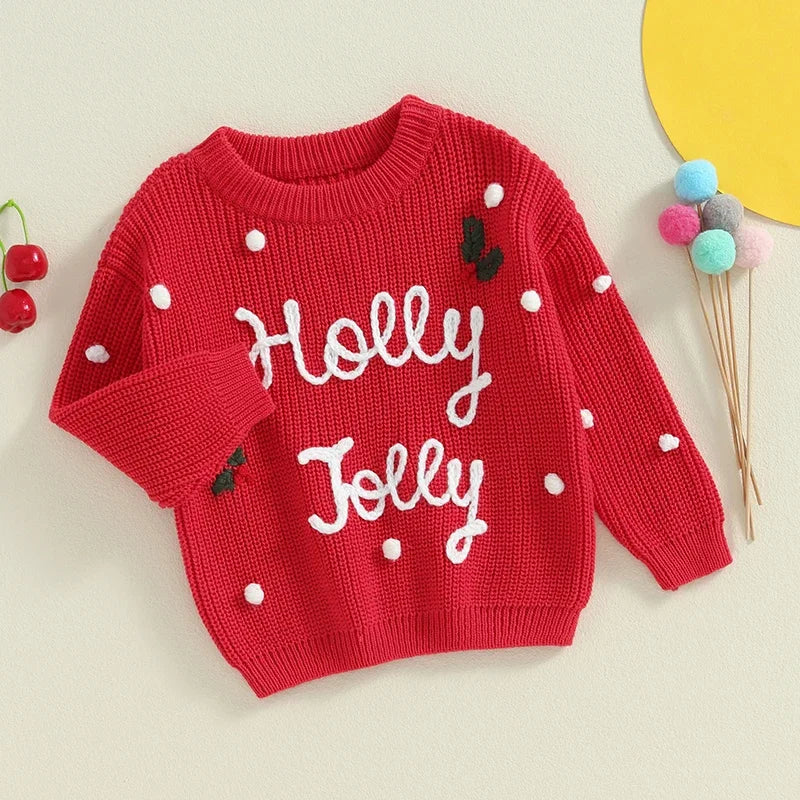 Adorable Knitted Christmas Sweaters for Newborns and Toddlers - Embroidered Letter Design, Cozy O-neck Pullover for Boys and Girls