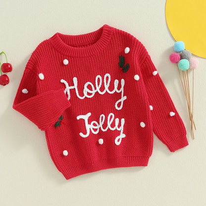 Adorable Knitted Christmas Sweaters for Newborns and Toddlers - Embroidered Letter Design, Cozy O-neck Pullover for Boys and Girls