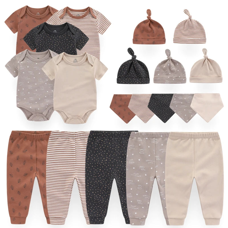 Unisex Newborn Cotton Clothing Set: Bodysuits, Pants, Hats, Gloves & Bibs with Cute Animal Designs