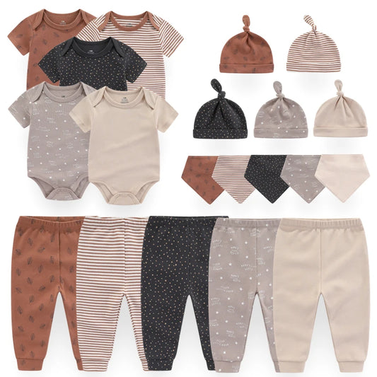 Unisex Newborn Cotton Clothing Set: Bodysuits, Pants, Hats, Gloves & Bibs with Cute Animal Designs
