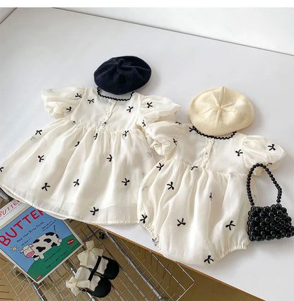 Summer Sisters Infant Bow Puff Sleeve Dress - Breathable Newborn Romper for Girls, Perfect for Summer Gifts