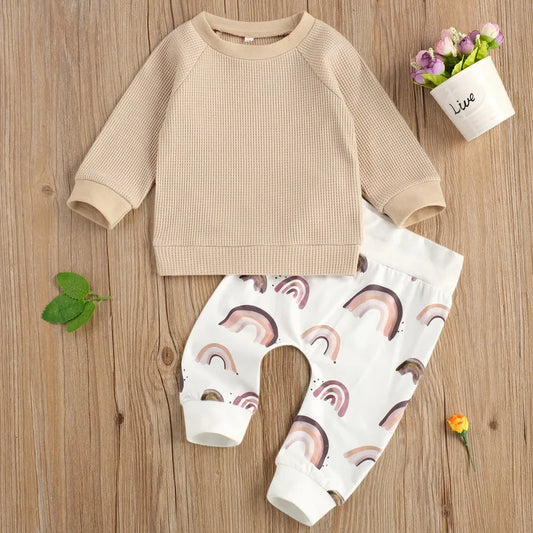 Adorable Autumn 2-Piece Outfit for Newborn Baby Boys: Long Sleeve Top with Colorful Rainbow Pants
