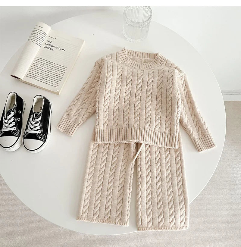 Unisex Cotton Knit Set for Kids - Solid Color Sweater and Pants Outfit for Spring and Autumn