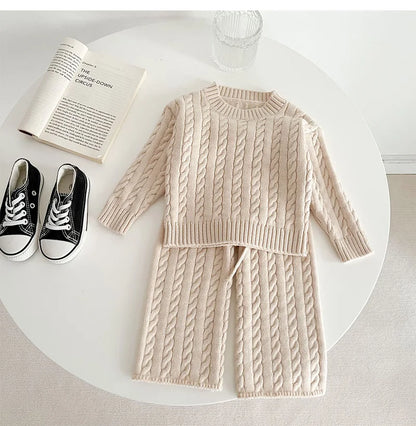 Unisex Cotton Knit Set for Kids - Solid Color Sweater and Pants Outfit for Spring and Autumn