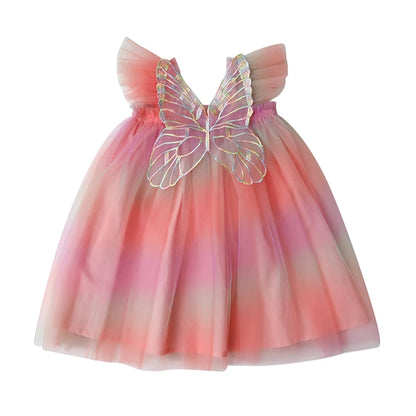 Toddler Girls' Summer Princess Dress with Rainbow Wings and Mesh Sleeves for Birthday Celebrations