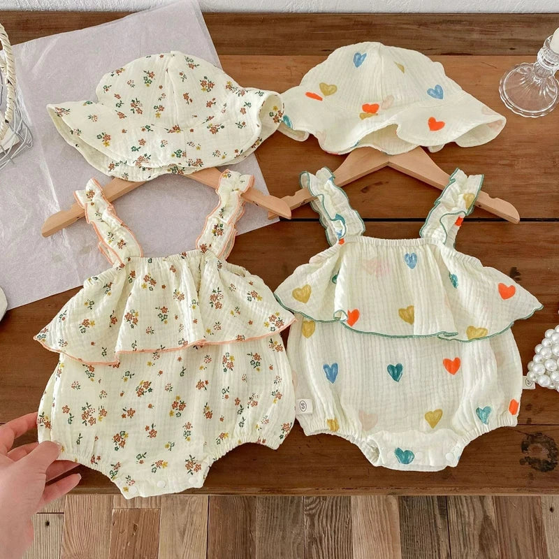 Summer Floral Muslin Baby Romper Set with Hat - Sweet Heart Print Sleeveless Jumpsuit for Newborns and Toddlers