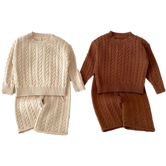 Unisex Cotton Knit Set for Kids - Solid Color Sweater and Pants Outfit for Spring and Autumn