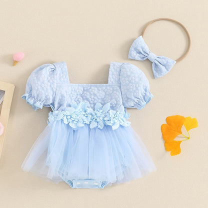 Adorable Baby Girls' Floral Summer Romper with Bow Headband and Puff Sleeves