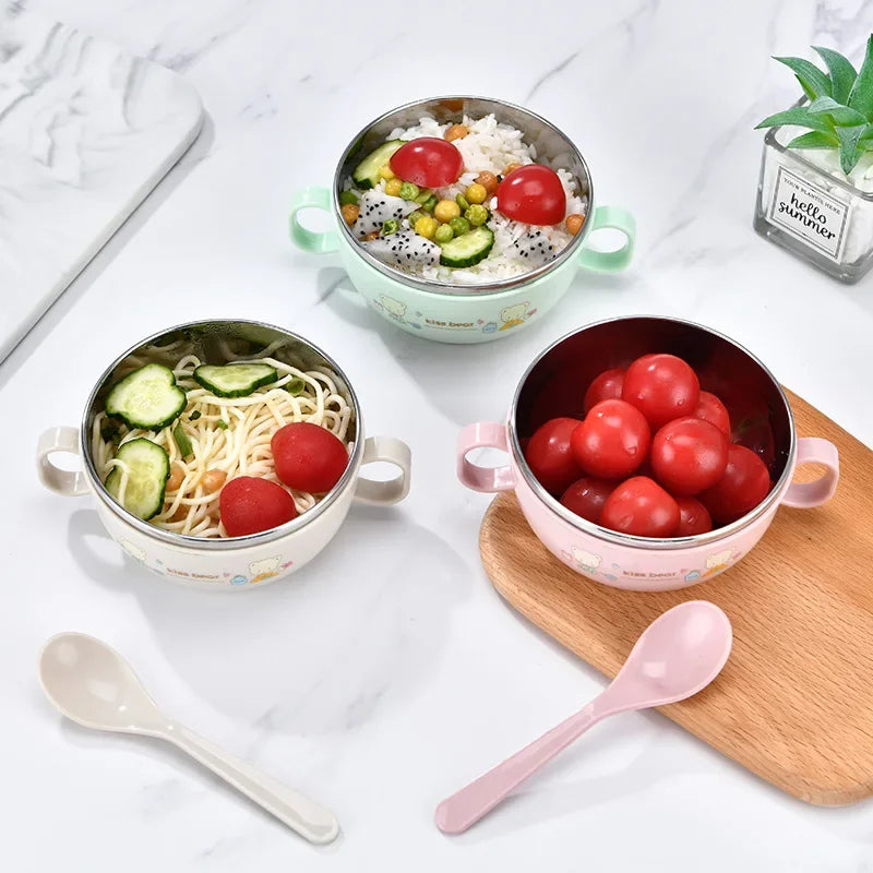 Cartoon-Printed Stainless Steel Insulated Baby Feeding Bowl Set with Spoon - BPA Free, 300ml