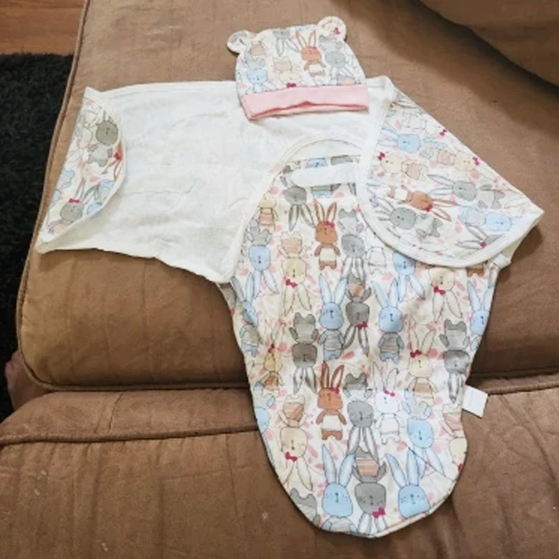 Baby Blanket Hat Set Cartoon Printed Cotton Newborn Swaddle Adjustable Infant Sleeping Swaddle Wraps All Seasons 0-6 Months