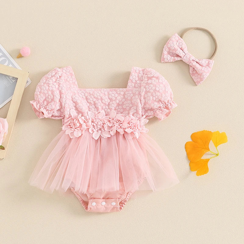 Adorable Baby Girls' Floral Summer Romper with Bow Headband and Puff Sleeves