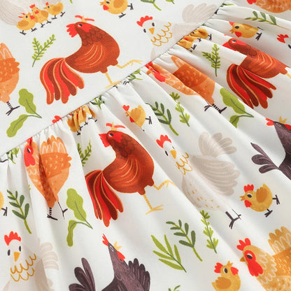 Toddler Girls Summer Casual Dress with Farm Rooster and Hen Print