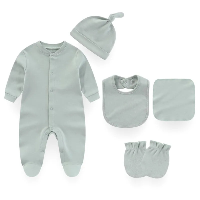 5-Piece Unisex Cotton Baby Clothes Set for Newborns - Solid Color Pajamas and Rompers for Boys and Girls (0-12 Months)