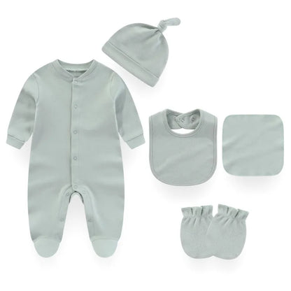 5-Piece Unisex Cotton Baby Clothes Set for Newborns - Solid Color Pajamas and Rompers for Boys and Girls (0-12 Months)