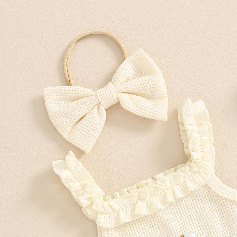 3-Piece Summer Outfit Set for Baby Girls - Waffle Flower Embroidered Sleeveless Romper, Ruffle Shorts, and Headband