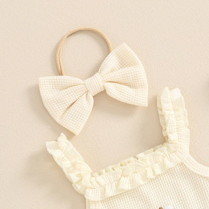 3-Piece Summer Outfit Set for Baby Girls - Waffle Flower Embroidered Sleeveless Romper, Ruffle Shorts, and Headband
