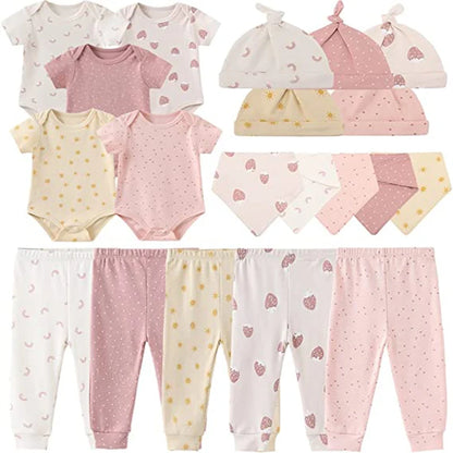 Unisex Newborn Cotton Clothing Set: Bodysuits, Pants, Hats, Gloves & Bibs with Cute Animal Designs