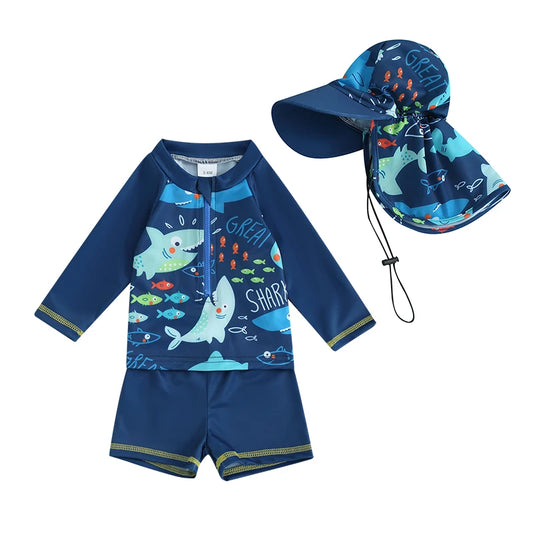 Adorable Toddler Boys Fish Print 3-Piece Summer Swim Set with Long Sleeve Rash Guard, Trunks, and Hat