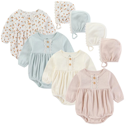 Newborn Baby Girls 2-Piece Cotton Bodysuit Set with Matching Hat – Long Sleeve Jumpsuit & Headband (6-24 Months)