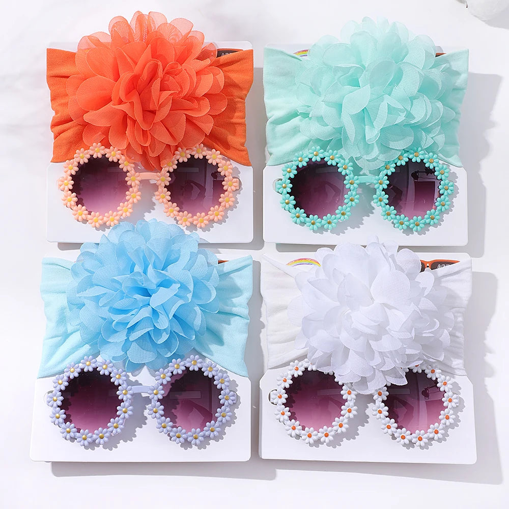 Adorable Handmade Flower Headband and Daisy Round Glasses Gift Set for Baby Girls and Toddlers