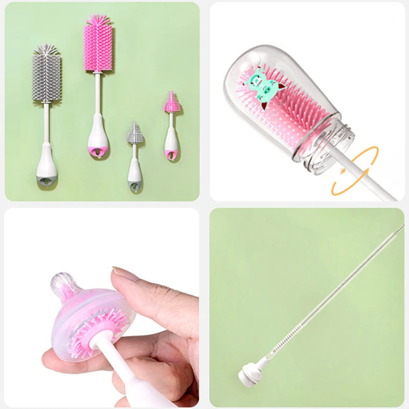 360 Degree Rotation 3 in 1 Silicone Baby Bottle Pacifier Brush Wash Water Cup Container Straw Cleaning Brush Set