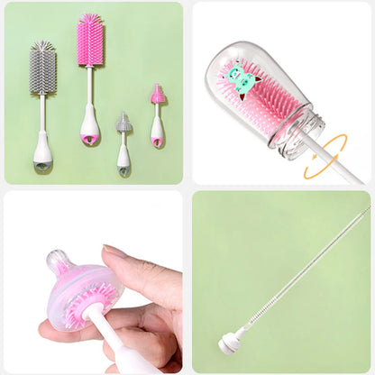 360 Degree Rotation 3 in 1 Silicone Baby Bottle Pacifier Brush Wash Water Cup Container Straw Cleaning Brush Set