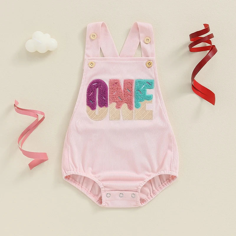 Unisex Baby Birthday Romper with Letter Embroidery - Sleeveless Square Neck Jumpsuit for Newborns