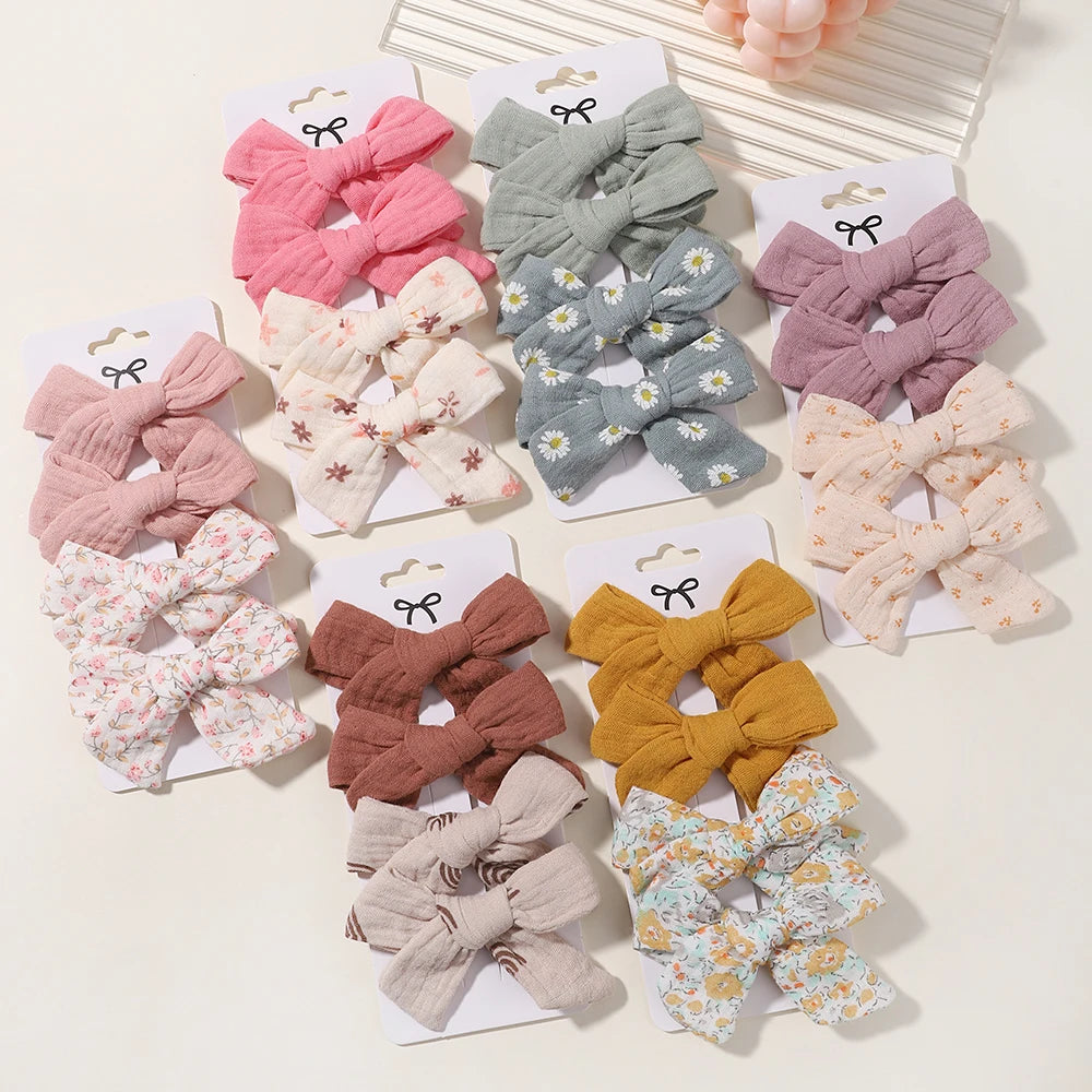 Set of 4 Handmade Muslin Hair Clips for Baby Girls - Floral Print Cotton Linen Barrettes