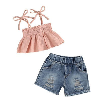 Summer Casual 2-Piece Outfit for Baby Girls: Sleeveless Camisole and Ripped Denim Shorts Set