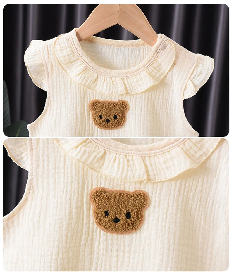 Summer Baby Cartoon Bear Romper and Hat Set for Boys and Girls - 0-24 Months Muslin Jumpsuit with Flying Sleeves