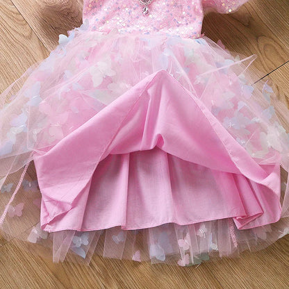 Girls' Summer Butterfly Wings Fairy Tulle Dress with Puff Sleeves for Birthday Parties