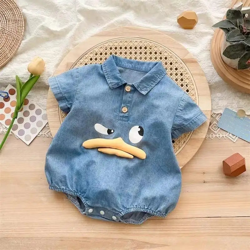 Adorable Cartoon Duck Denim One-Piece Romper for Newborns and Toddlers - Summer Baby Jumpsuit for Boys and Girls
