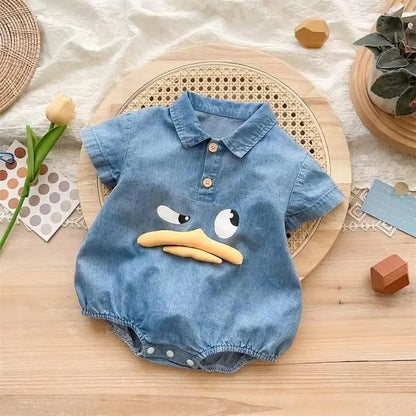 Adorable Cartoon Duck Denim One-Piece Romper for Newborns and Toddlers - Summer Baby Jumpsuit for Boys and Girls