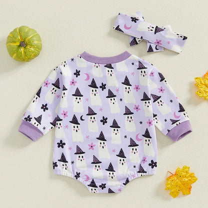 Adorable Baby Girl Halloween Ghost Print Long Sleeve Romper with Headband - Newborn Jumpsuit Outfit