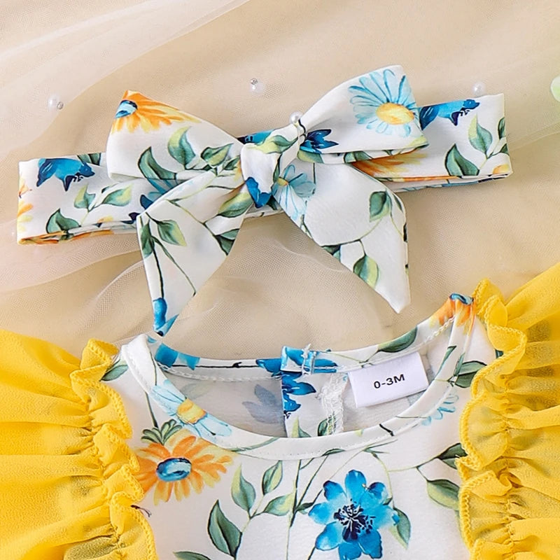 Toddler Summer Floral Bow Bodysuits with Ruffle Sleeves for Girls 0-18 Months