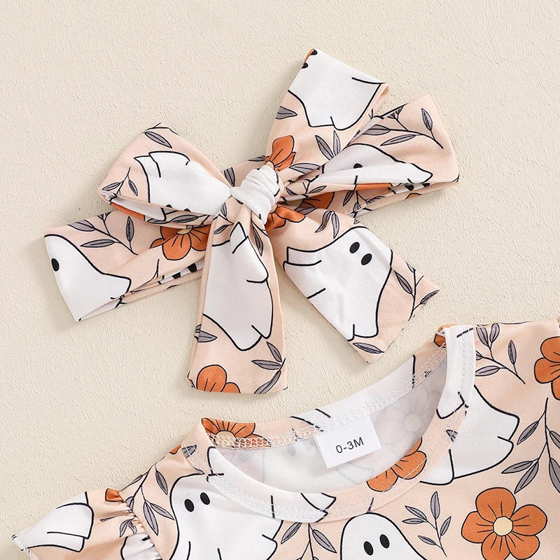 Adorable Baby Girls Halloween Ghost Print Ruffled Romper Set with Skirt and Hair Band