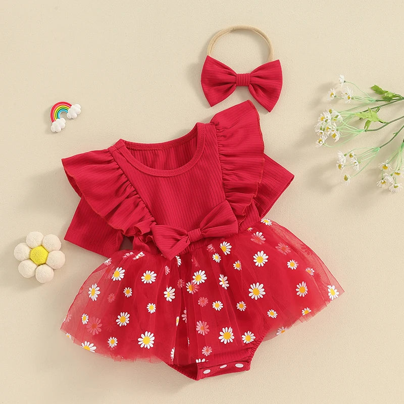 Adorable Baby Girl 2-Piece Daisy Print Summer Romper Dress Set with Matching Headband