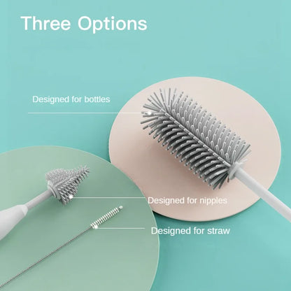 360 Degree Rotation 3 in 1 Silicone Baby Bottle Pacifier Brush Wash Water Cup Container Straw Cleaning Brush Set