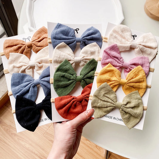 4-Pack Solid Cotton Baby Bows Headbands for Girls - Cute Elastic Nylon Hair Accessories for Newborns and Toddlers