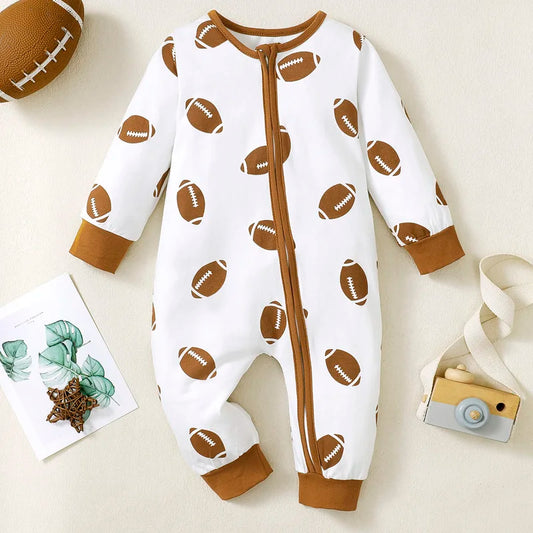 Rugby Print Long Sleeve Romper for Baby Girls and Boys - Casual Newborn Jumpsuit for Fall