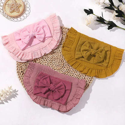 Toddler Ruffled Edge Turban Set with Big Bow - 2Pcs Solid Color Headbands for Newborns and Toddlers