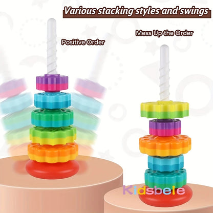 Vibrant Rainbow Spinning Stacking Rings - Educational Montessori Toys for Baby Development