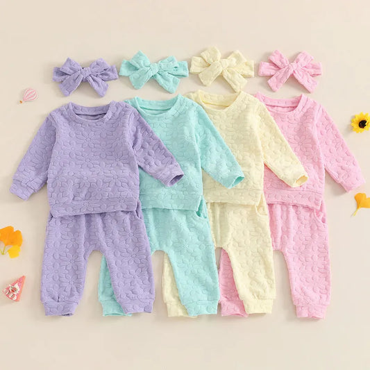 Toddler Girls' Fall Outfit Set - Daisy Embroidered Long Sleeve Sweatshirt with Elastic Waist Pants and Headband (3 Pieces)