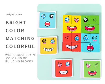 Wooden Expression Matching Puzzle Cube - Educational Building Blocks Game for Kids Aged 4-12