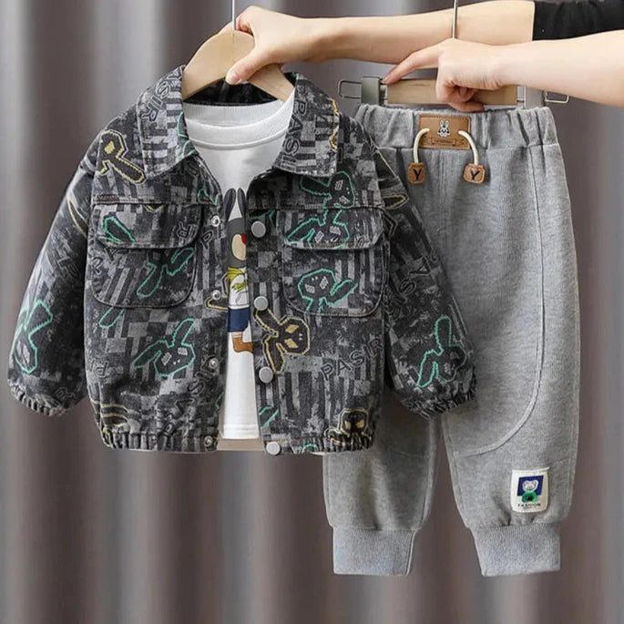 New 2023 Spring Autumn Boys Casual Denim Coat and Sports Pants Set for Kids